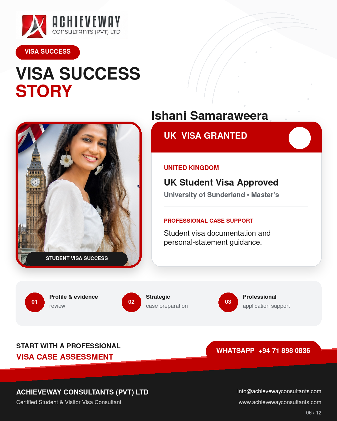 Visa success story for Ishani Samaraweera, granted a United Kingdom student visa for a master's degree at the University of Sunderland