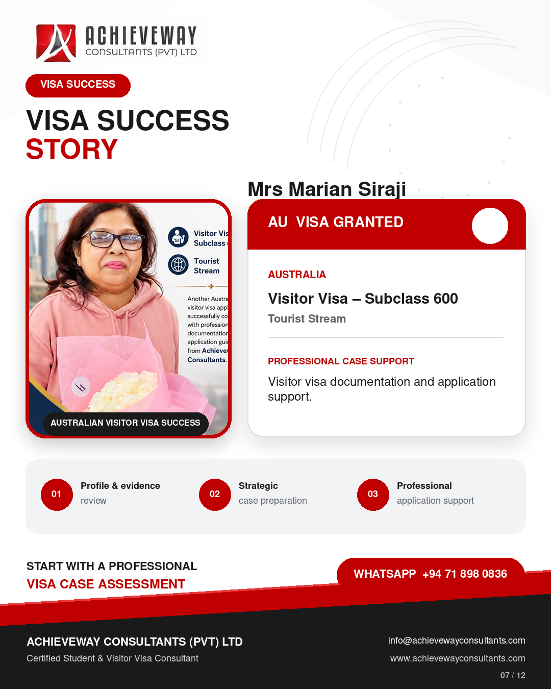 Visa success story for Mrs Marian Siraji, granted an Australian Visitor Visa Subclass 600
