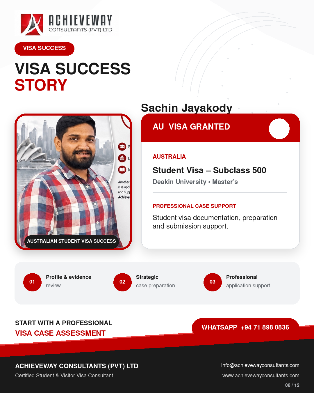Visa success story for Sachin Jayakody, granted an Australian Student Visa Subclass 500 for a master's degree at Deakin University