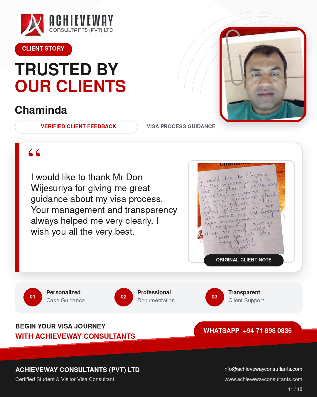 Client feedback and original handwritten note from Chaminda about visa process guidance from Achieveway Consultants