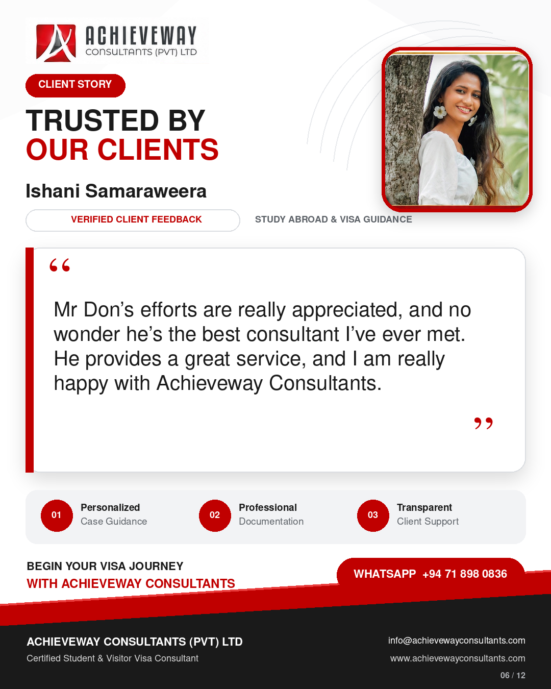 Client feedback from Ishani Samaraweera about study abroad and visa guidance from Achieveway Consultants