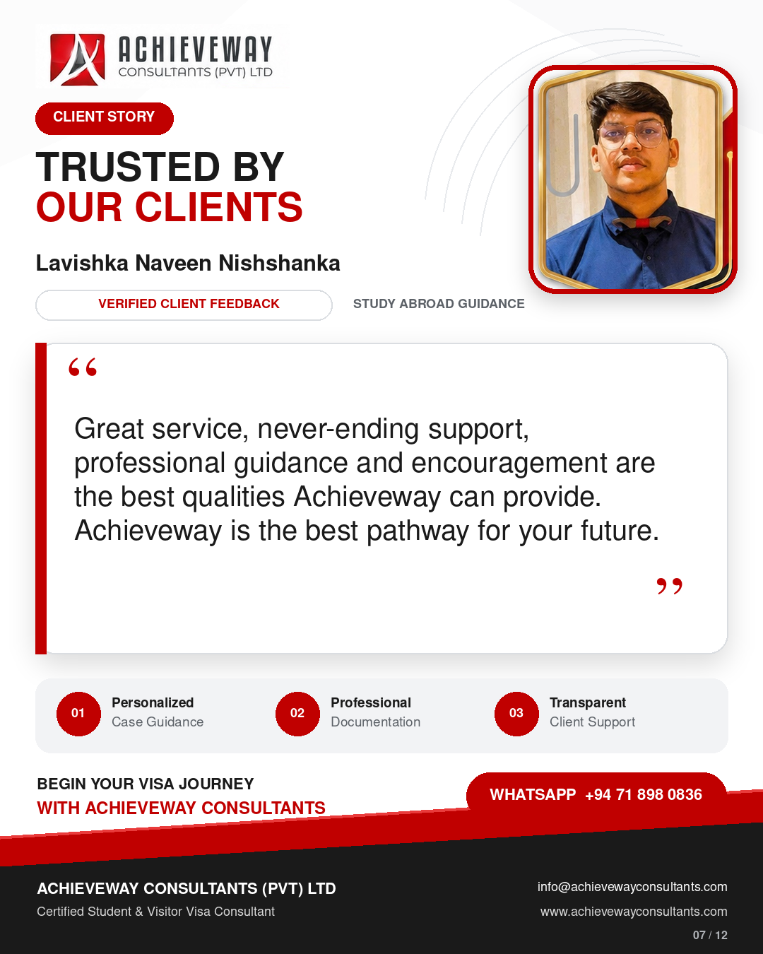 Client feedback from Lavishka Naveen Nishshanka about study abroad guidance from Achieveway Consultants