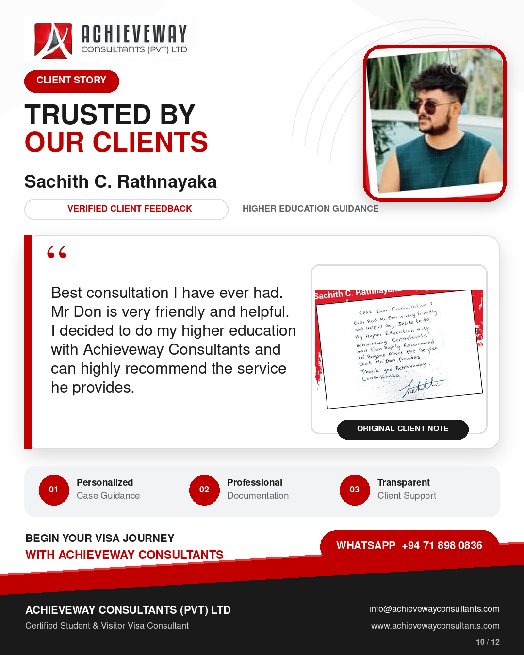Client feedback and original handwritten note from Sachith C. Rathnayaka about higher education guidance from Achieveway Consultants