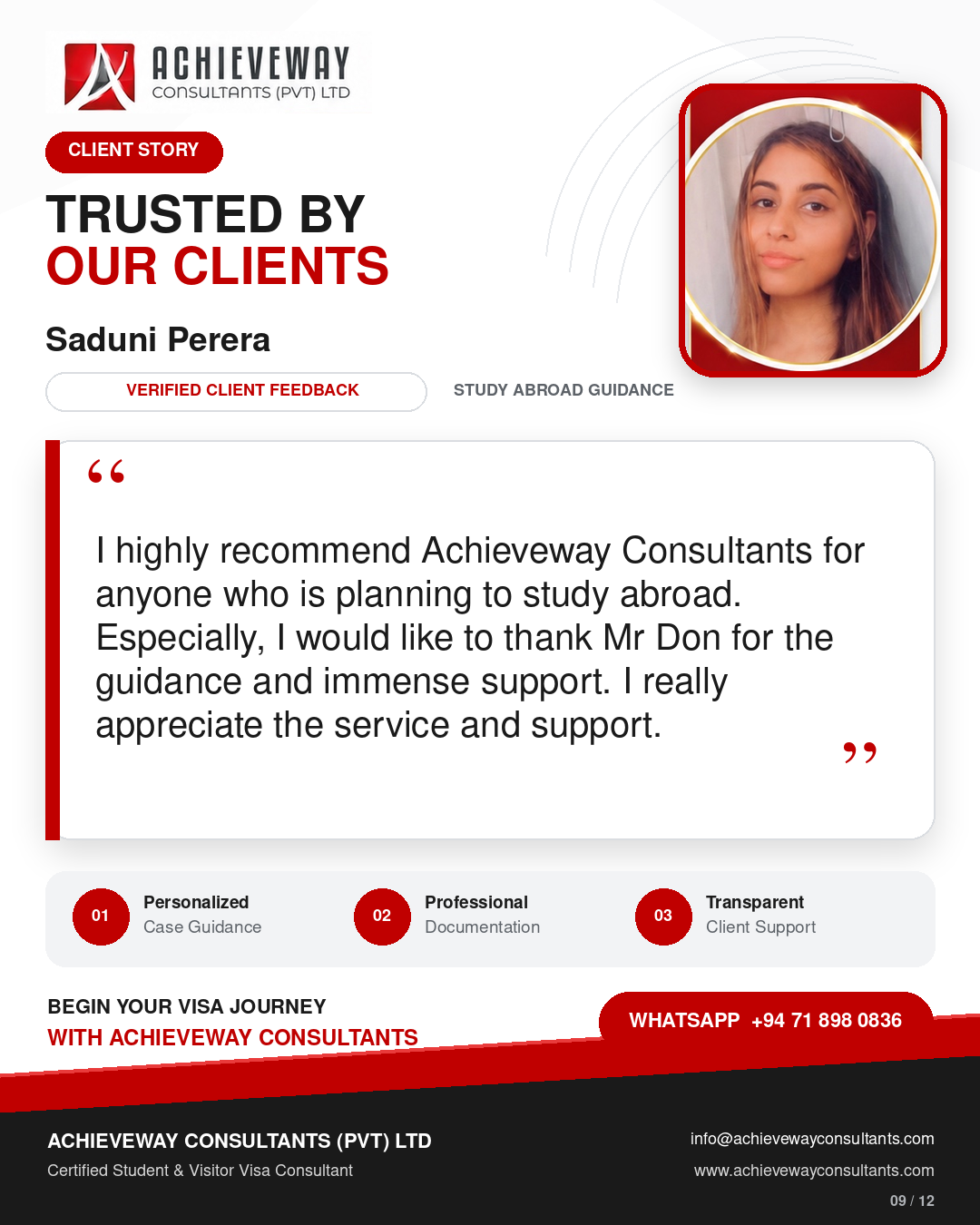 Client feedback from Saduni Perera about study abroad guidance from Achieveway Consultants