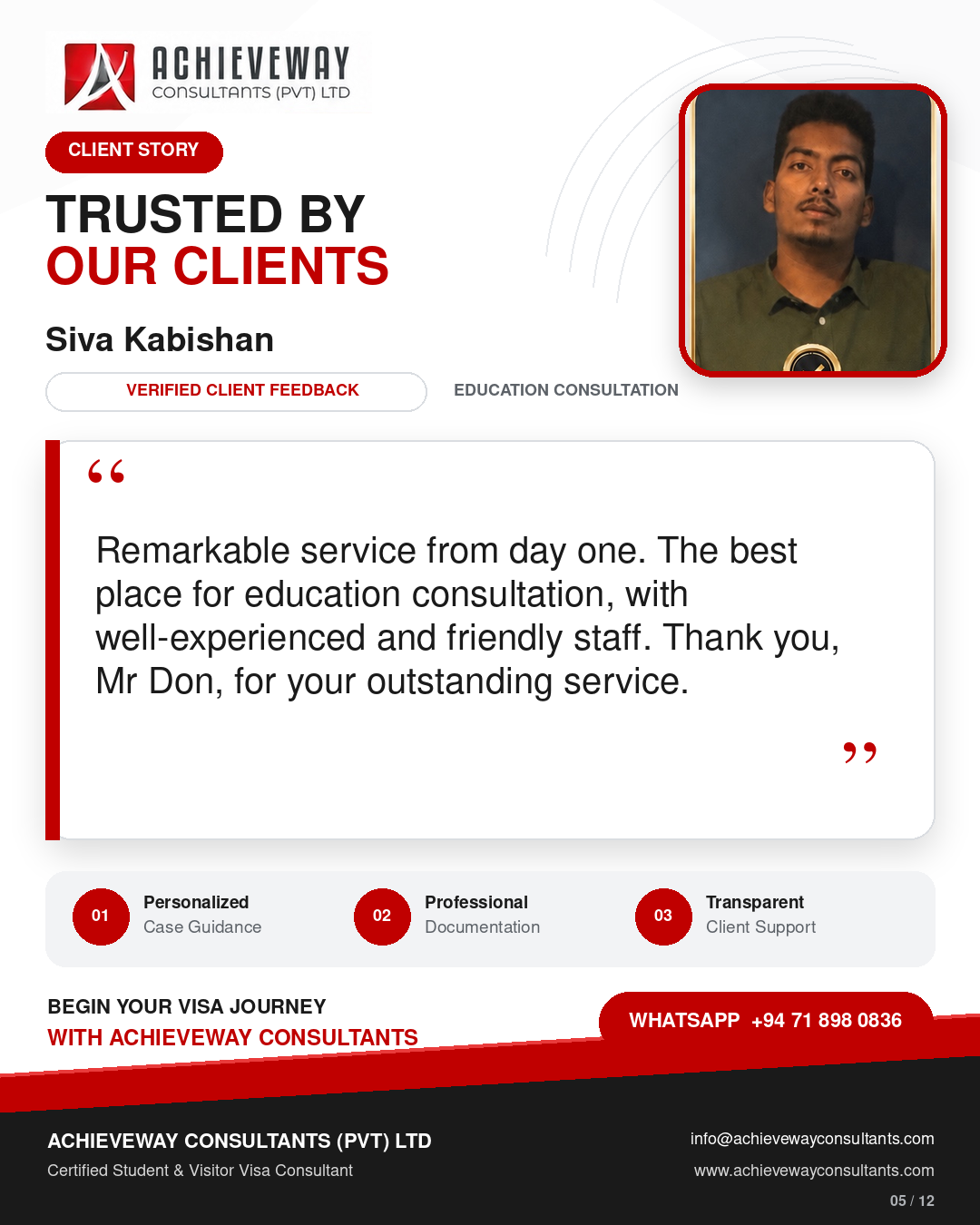 Client feedback from Siva Kabishan about education consultation from Achieveway Consultants