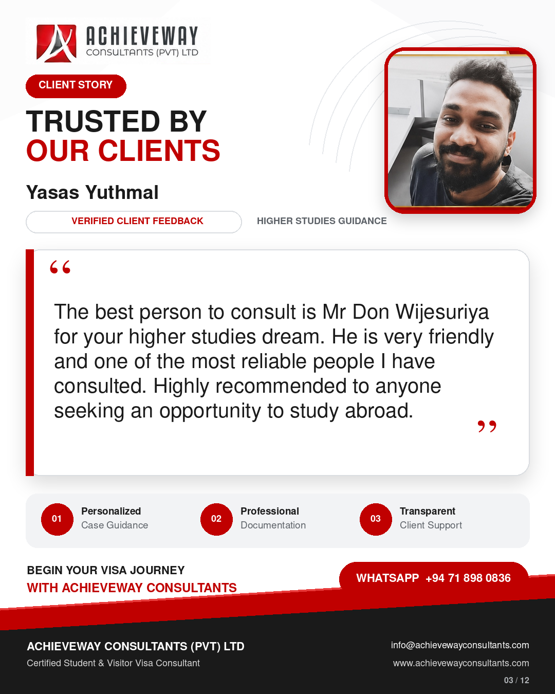 Client feedback from Yasas Yuthmal about higher studies guidance from Achieveway Consultants